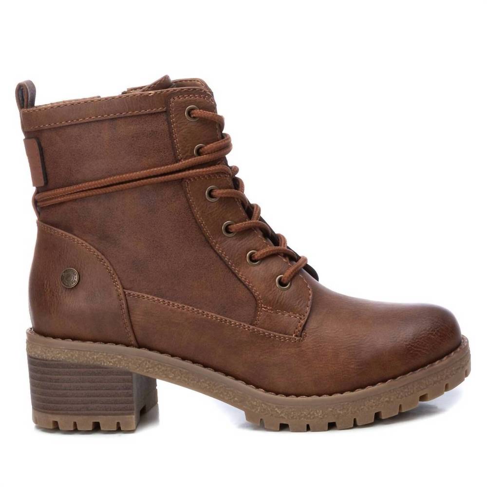NEW XTI women's lace-up tie booties in camel